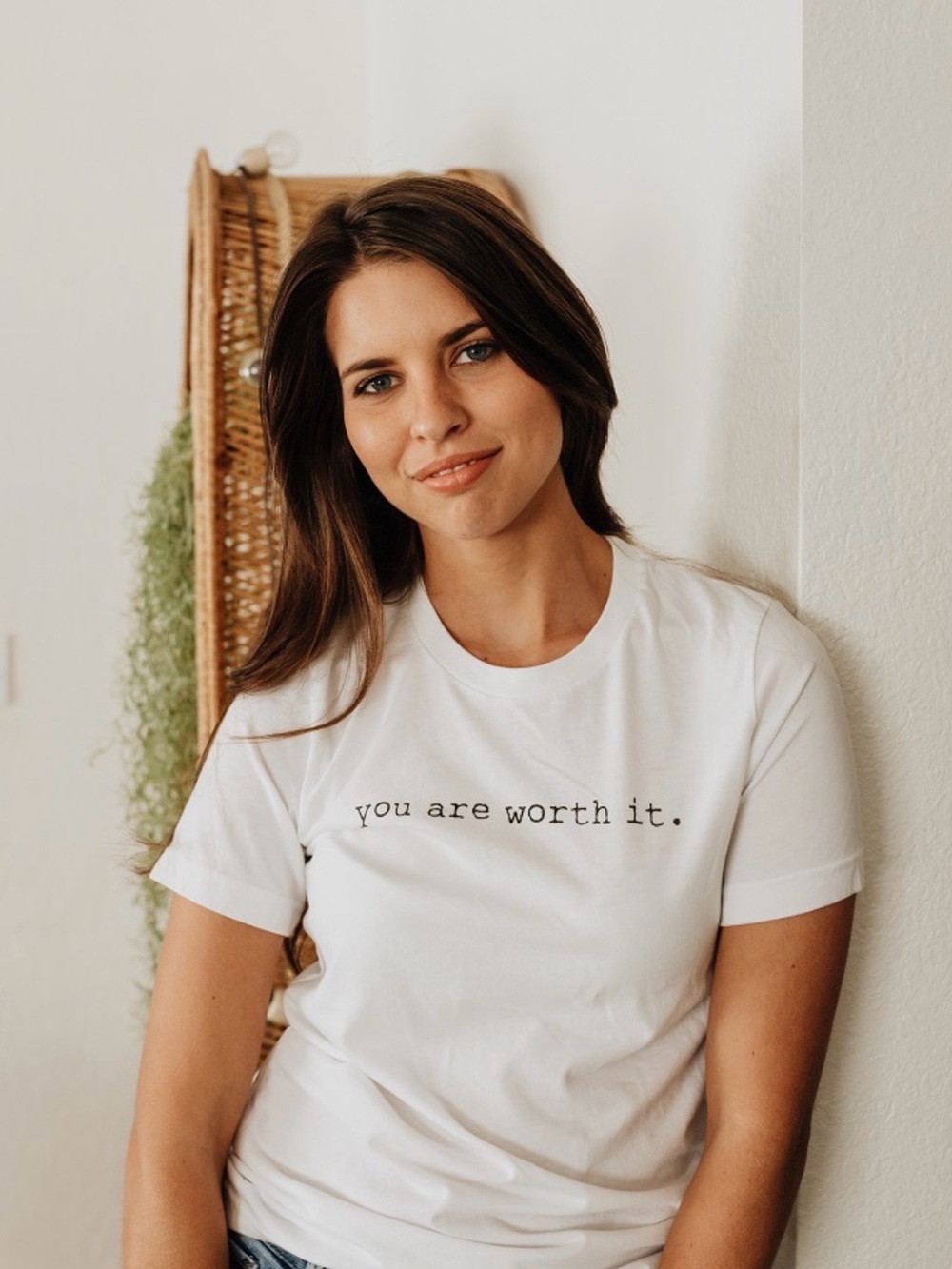 White Short Sleeve Tee with 'you are worth it.' Print